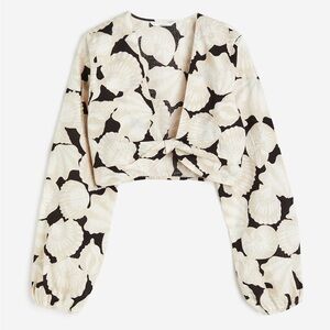 H&M Linen-Blend Light Beige and Black Crop Blouse Size XS